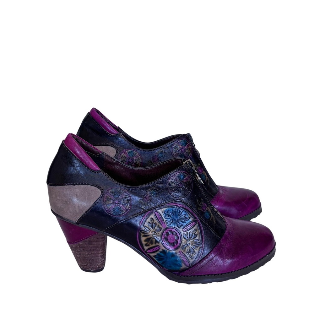 L'Artiste Raina Floral Embossed Leather Bootie Shoes Size 40 9 Purple Boho Zip